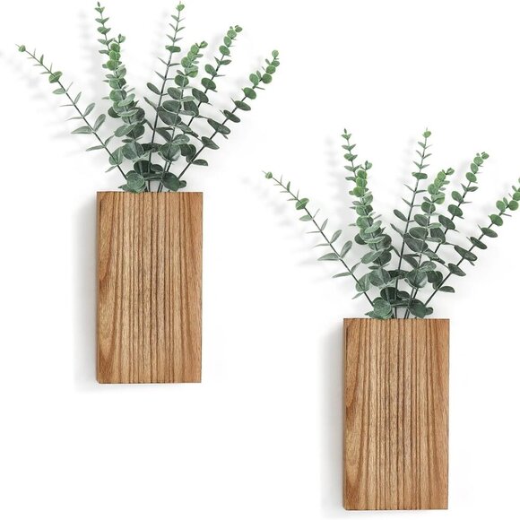 Other - 2 Pack Wood Wall Planter Vase with Artificial Eucalyptus Farmhouse Wall Hanging